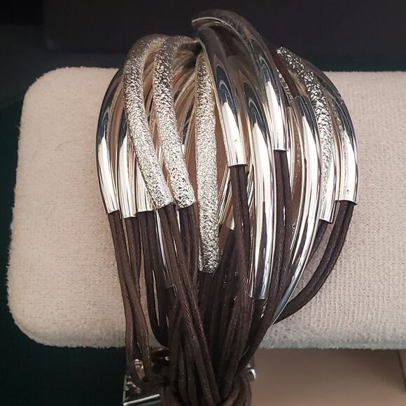 Saachi Multi-strand Statement Bracelet Dark‎ Brown Cords with Silver Tone Bars - Picture 5 of 10